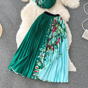 Two Piece Set Floral Print Pleated Elastic Raglan Sleeve T-shirt Top + Long Skirt High Quality