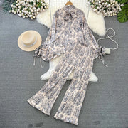 Elegant two-piece set pleated summer chiffon shirt + high-quality floral print pleated wide-leg pants