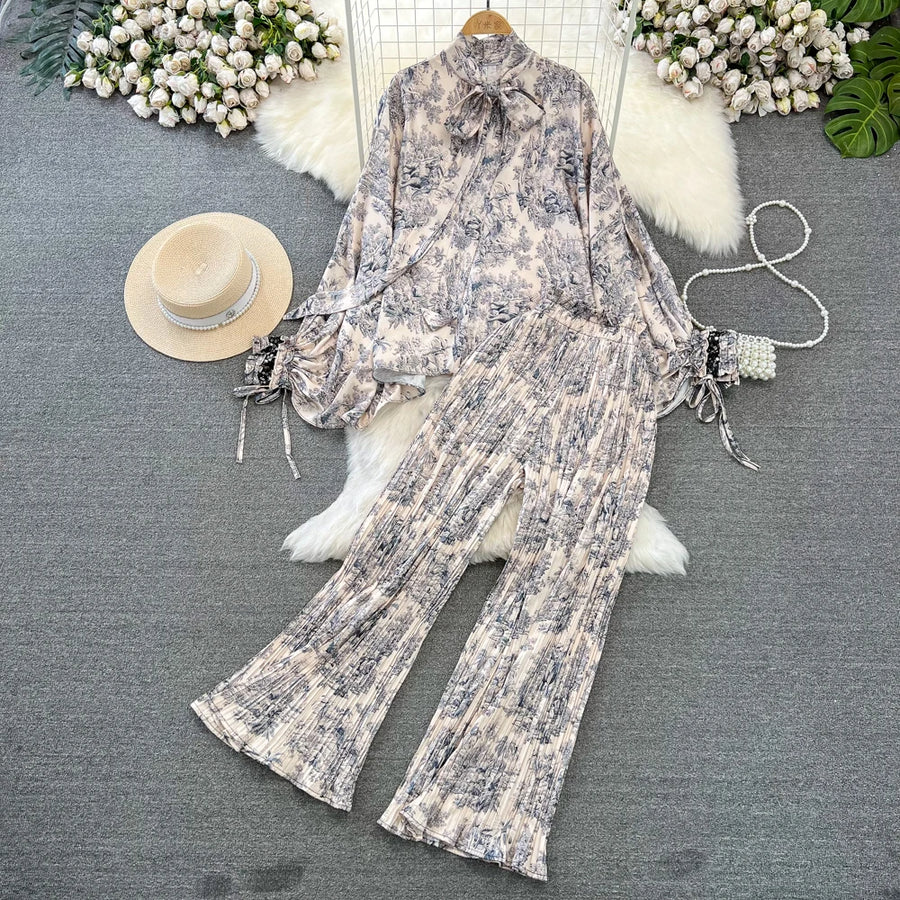 Elegant two-piece set pleated summer chiffon shirt + high-quality floral print pleated wide-leg pants