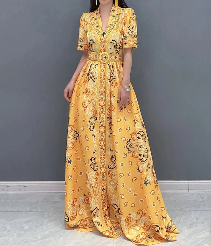 Elegant long dress with short sleeve print with high quality belt