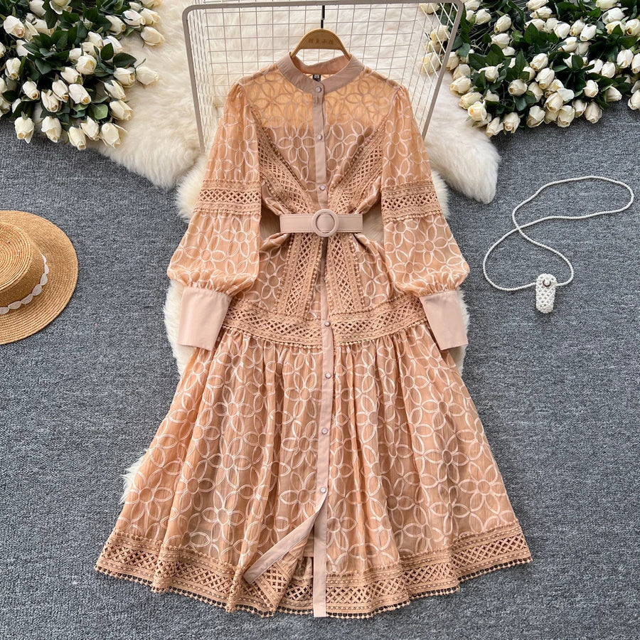Elegant round neck fitted long dress, vintage style, long lantern sleeves, embroidery, single breasted, French evening style