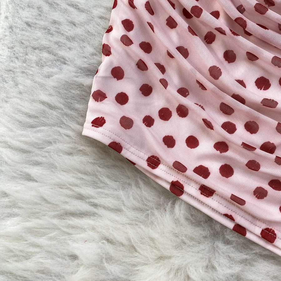 Elegant Sexy Lace Trim Knot V-Neck Halter Woman Dress Summer Ruffle Mesh Polka Dot Mini Woman Party Club Daily Streeywear Dress