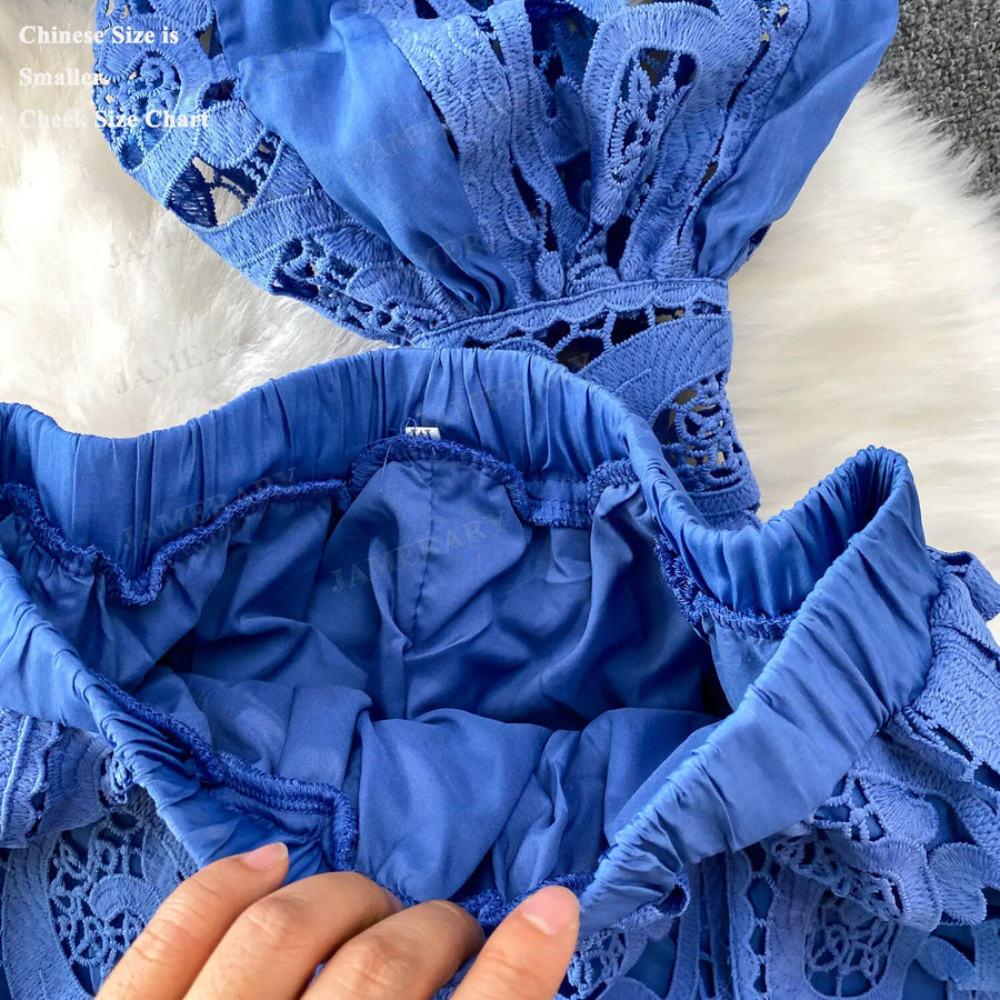 Summer Embroidery Maxi Dress Two Piece Set Women Blue Hollow Lace Long Sleeve Blouse Shirts 3pcs Sets Elastic Waist Skirts Suits