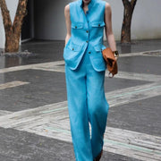 Summer Womens Sleeveless Linen Sets Stand Collar Fashion Office Lady Two Piece Vest Set Thin Full Length Wide Leg Pant Outfits