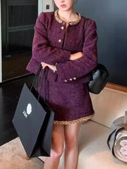 Elegant set of two Tweed jacket with round neck + short spliced skirt in high quality