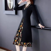 Elegant Dresses Patchwork Print V Neck Long Sleeve Pullovers High Quality