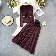 Women Elegant Office Two Piece Sets Autumn Winter Long Sleeved Standing Neck Sweater Top High Waist Slim A-line Long Skirt Suits