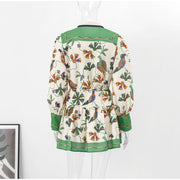High Quality Single Breasted Long Flare Sleeve Loose Flower Print Pleated Mini Dress