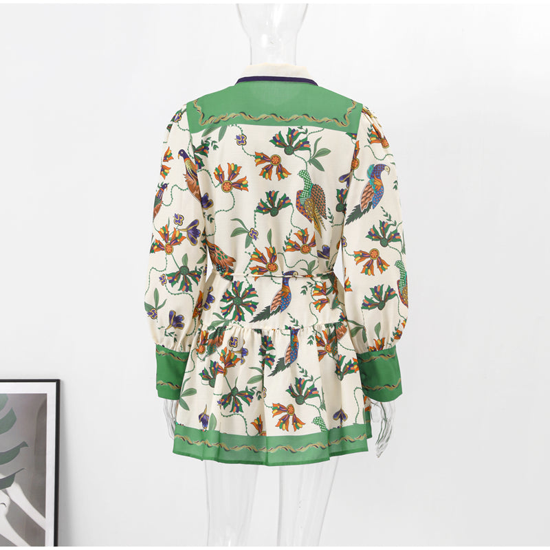 High Quality Single Breasted Long Flare Sleeve Loose Flower Print Pleated Mini Dress