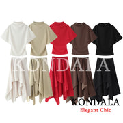 KONDALA Women Trendy Skirt Set Half High Collar Top Asymmetrical Skirt New Fashion 2026 Spring Summer Beach Holiday Skirt Set