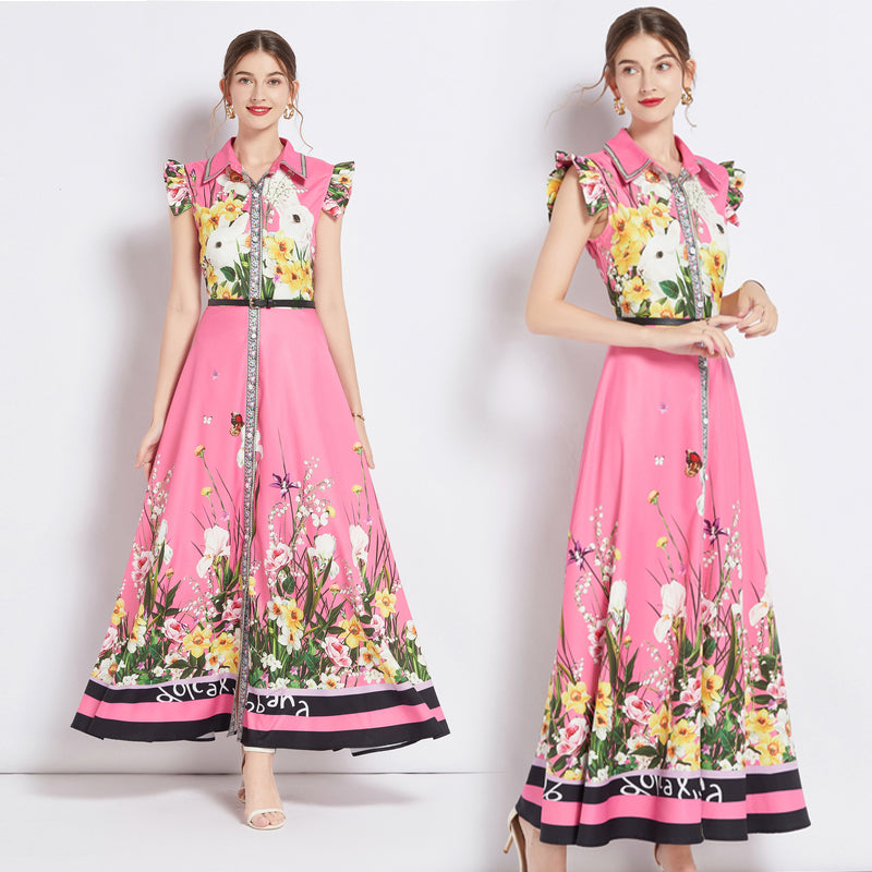 High Quality Sleeveless Ruffle Belted Flower Maxi Dress