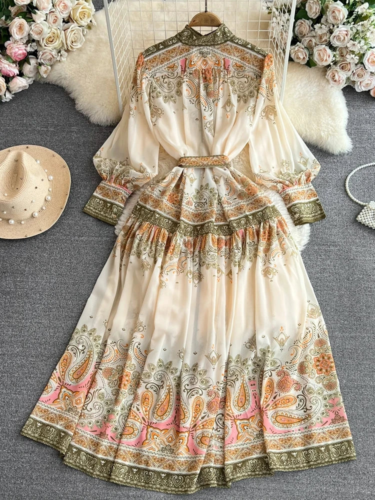 Vintage Elegant Party Floral Long Dress Flare Sleeves Stand Collar High Waist High Quality