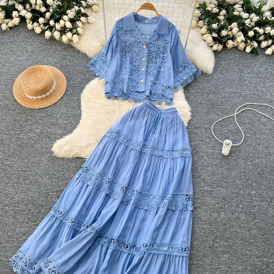 Luxury Long Dresses 2 Piece Sets Women Summer Holiday Hollow Out Crop Tops Elastic Waist Maxi Skirts Suits A Line Party Vestidos