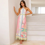 Women Spring Summer Halter Neck Sleeveless Print Linen A Line Long Dress