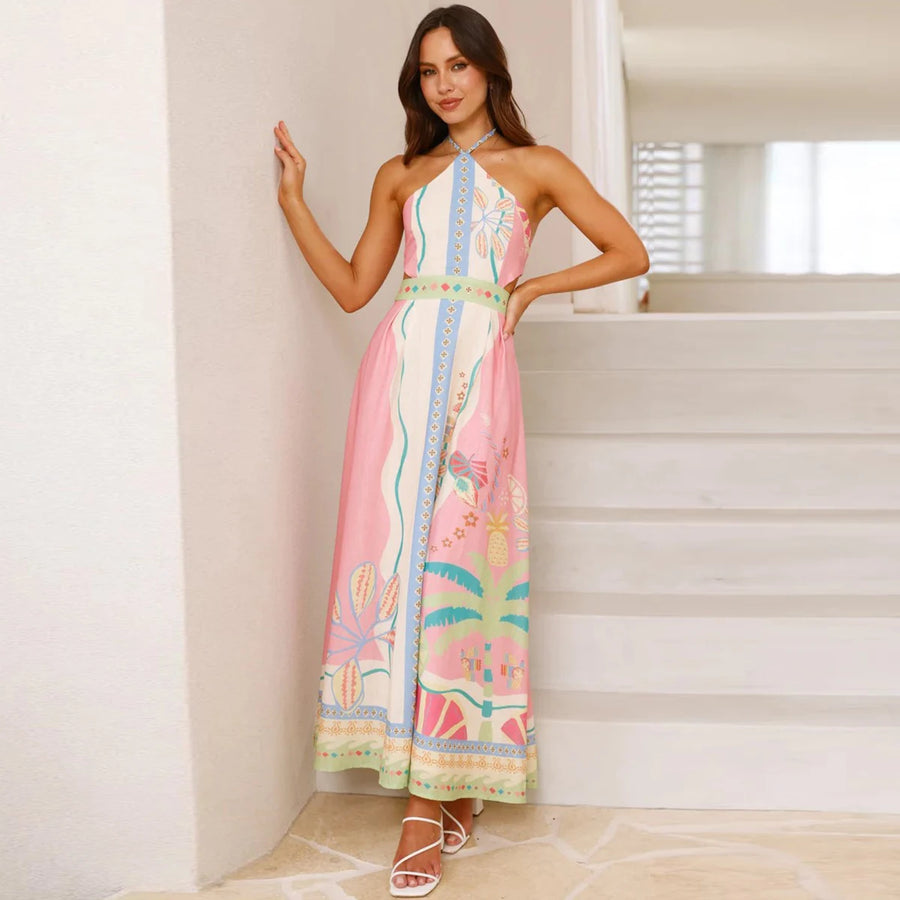 Women Spring Summer Halter Neck Sleeveless Print Linen A Line Long Dress