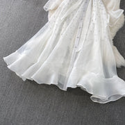 Fashion Temperament Bandage Slim Waist Dress Fairy Gauze Ruffled Long Robe Turn-down Collar Single Breasted Diamonds Vestidos