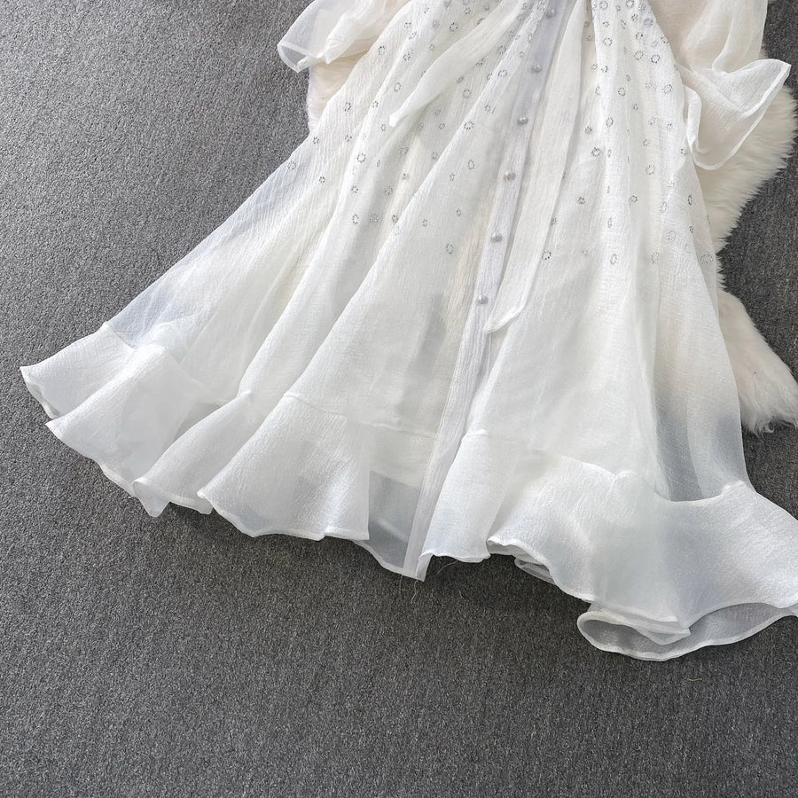 Fashion Temperament Bandage Slim Waist Dress Fairy Gauze Ruffled Long Robe Turn-down Collar Single Breasted Diamonds Vestidos