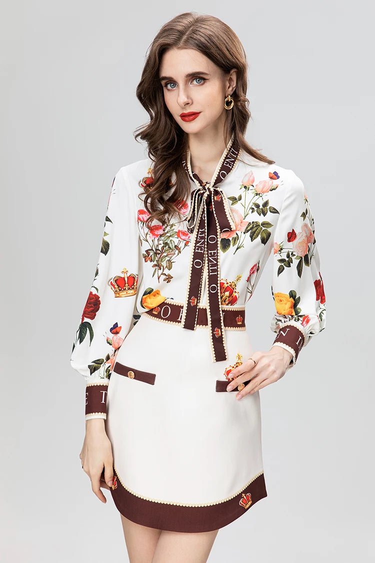 Fashion Designer Elegant Floral Print Skirt Set Women's Lantern Sleeve Frenulum Slim Top+Mini Skirt 2 Pieces Set