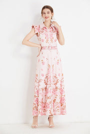 High Quality Sleeveless Ruffle Belted Flower Maxi Dress