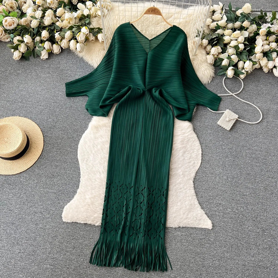 High quality pleated batwing sleeve v neck high stretch loose dresses