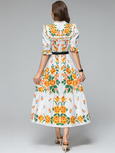 Floral three-quarter sleeve midi dress with high quality belt