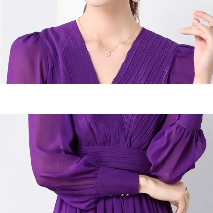 High quality V-neckline puff sleeve high waist draped chiffon long dress