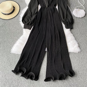 High Quality Lantern Sleeve Stretch Chiffon Wide Leg Deep V Neck Sexy Pleated Long Jumpsuit