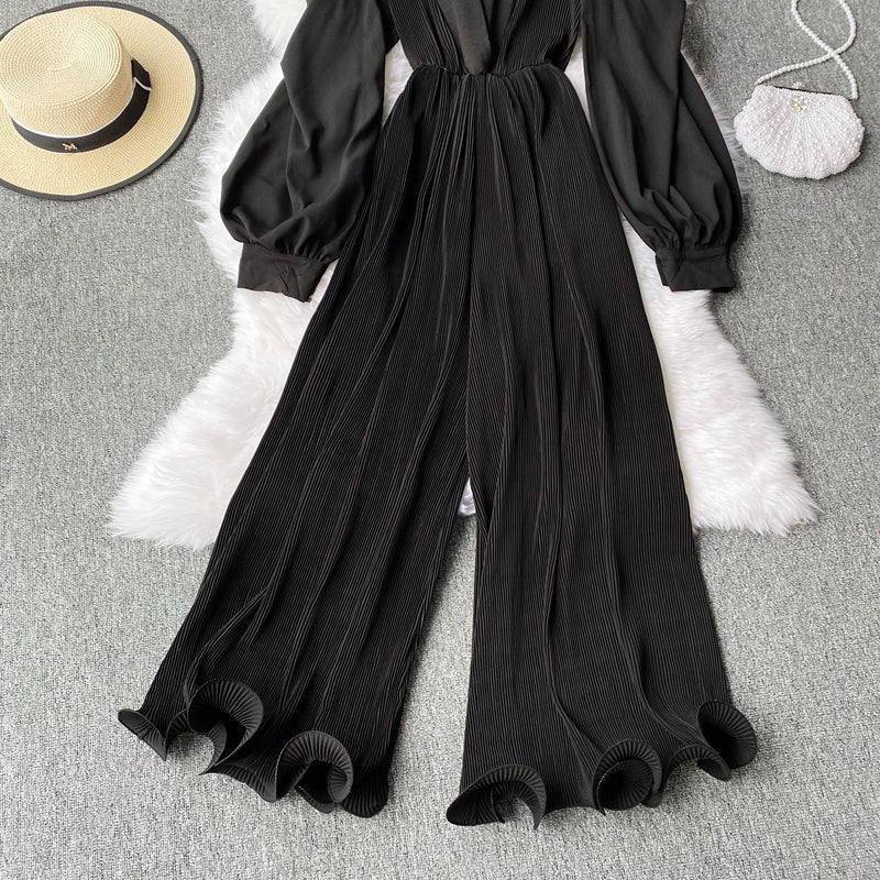 High Quality Lantern Sleeve Stretch Chiffon Wide Leg Deep V Neck Sexy Pleated Long Jumpsuit