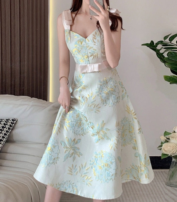 High Quality Elegant Sleeveless French Gorgeous Flower Jacquard Dress