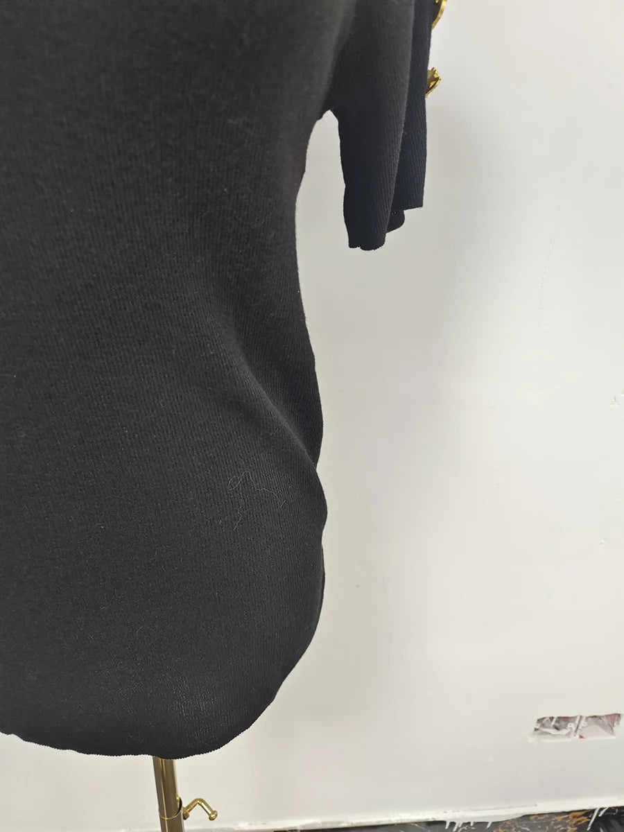 Women's Basic Solid Color Knitted Sweater, Round Neck, Short Sleeve, Patches, Metal Buckles, Temperament