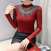 Elegant Stand Collar Diamond Mesh Long Sleeve T-shirt