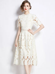 High-end embroidered lace round neck short-sleeved openwork dress