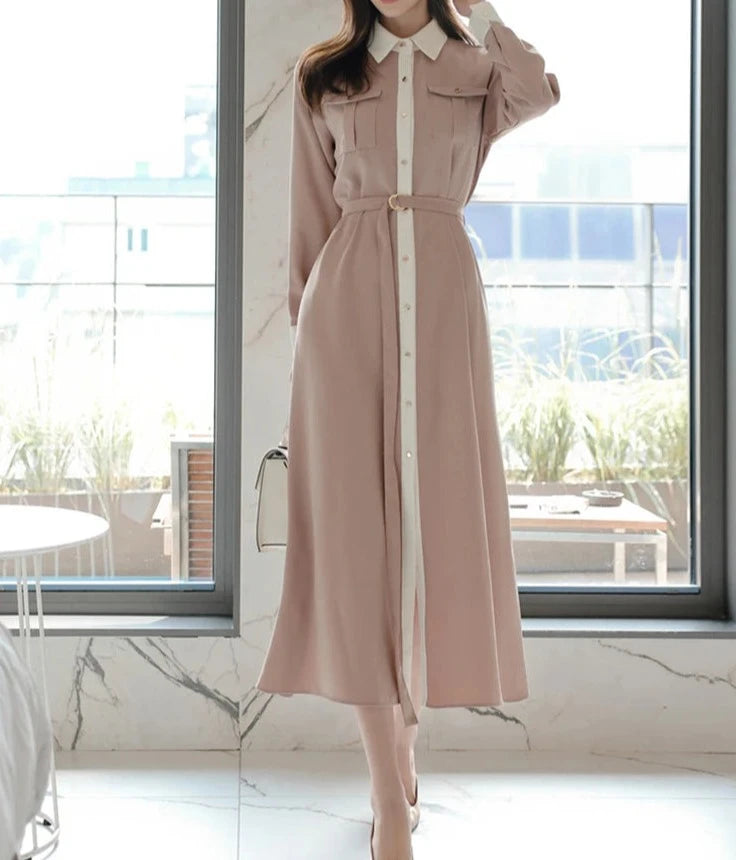Elegant Long Sleeve Belted High Quality Maxi Dress Pink / S / CN Elegant Long Sleeve Belted High Quality Maxi Dress Pink / S / CN