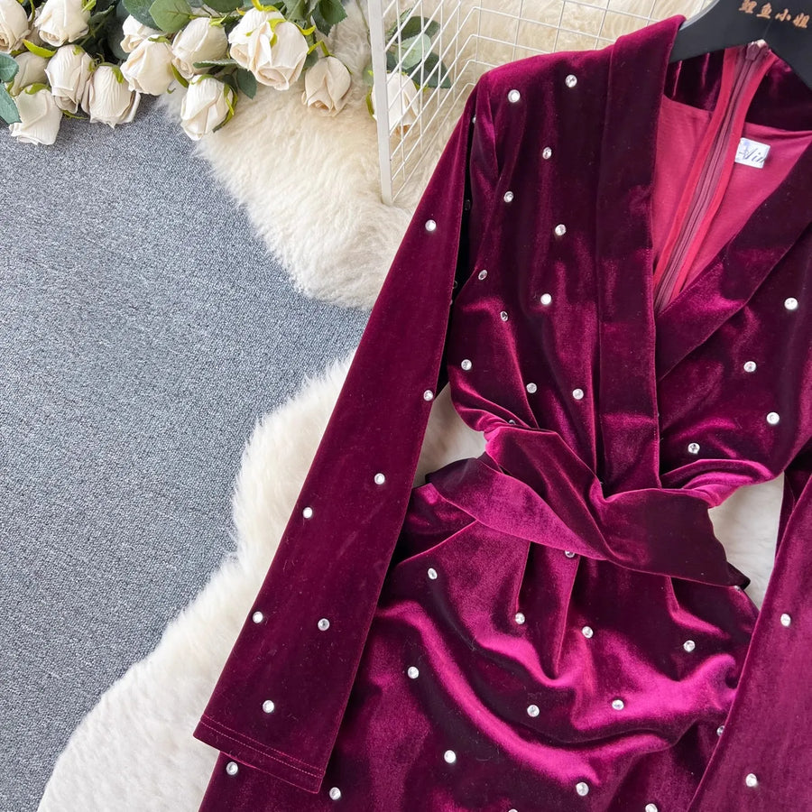 High Quality Long Sleeve V Neck Thick Velvet Diamond Embellished Dress