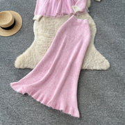 Elegant Knit Patchwork Two Pieces Sets Chic Vintage Cardigan High Waist Mesh Mermaid Skirt Casual Vacation Sets