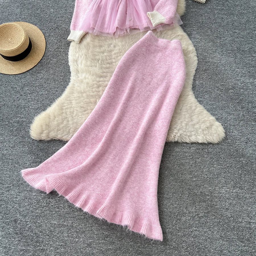 Elegant Knit Patchwork Two Pieces Sets Chic Vintage Cardigan High Waist Mesh Mermaid Skirt Casual Vacation Sets