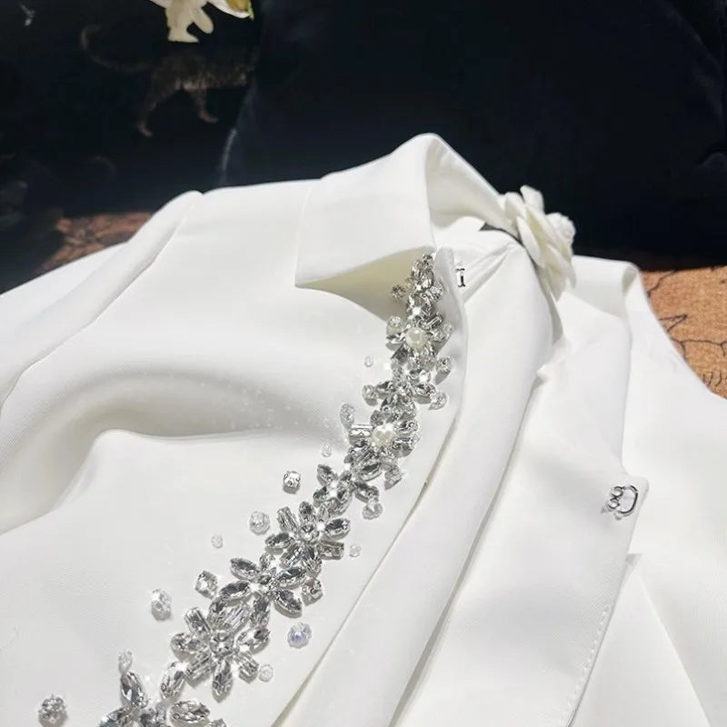 Banquet Fashion Women Luxury Diamonds Solid Color Lapel Short Jacket High Waist A Line Tank Dress Elegant Ladies Two Piece Set