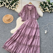 Luxury Long Dresses 2 Piece Sets Women Summer Holiday Hollow Out Crop Tops Elastic Waist Maxi Skirts Suits A Line Party Vestidos