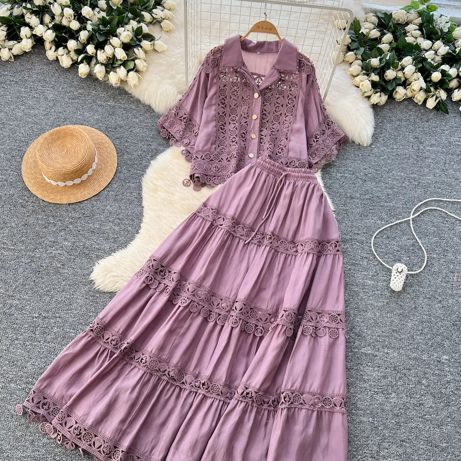 Luxury Long Dresses 2 Piece Sets Women Summer Holiday Hollow Out Crop Tops Elastic Waist Maxi Skirts Suits A Line Party Vestidos
