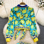 Summer Runway Fashion Sicily Lemon Print Two Piece Outfits Women Long Sleeve Bandage Crop Top＋Beach Pocket Shorts Sets