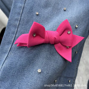 Age Reduction Female Two-piece Set Cute Bow Diamonds Beads O-neck Pullover T-shirt Top + High Waist Straight Denim Pants Suits