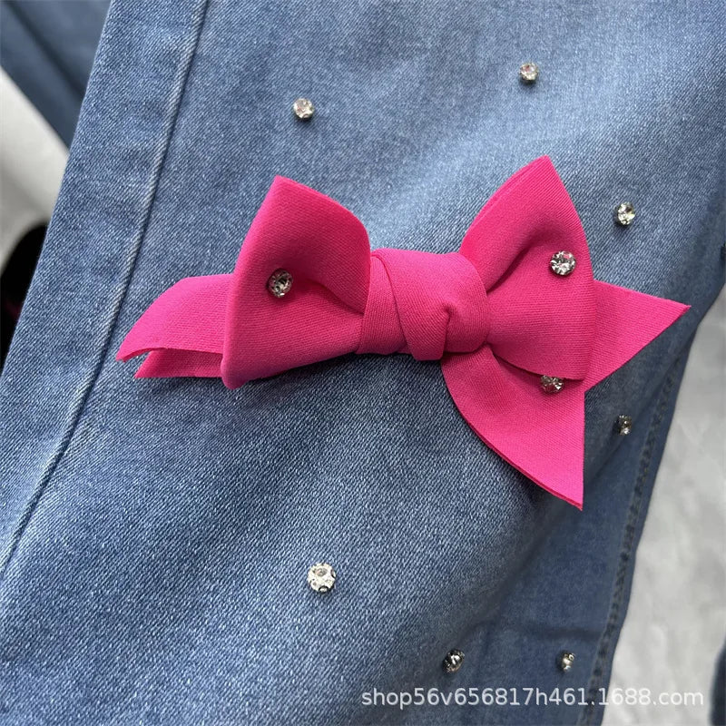 Age Reduction Female Two-piece Set Cute Bow Diamonds Beads O-neck Pullover T-shirt Top + High Waist Straight Denim Pants Suits