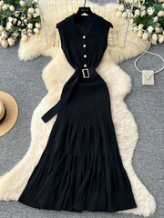 SINGREINY 1950s Ribbed Knit Dress Sleeveless Lapel Belt French Ins Chic Spring Summer Celebrity Style Feminine A-line Long Dress