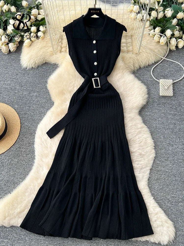 SINGREINY 1950s Ribbed Knit Dress Sleeveless Lapel Belt French Ins Chic Spring Summer Celebrity Style Feminine A-line Long Dress