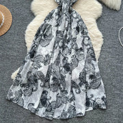 Women's long floral dress with thin straps, sleeveless, elastic, ruched with high-quality print