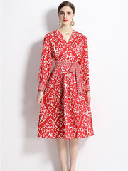 High Quality Vintage Floral Print Cross V Neck Long Sleeve Pleated Midi Dress