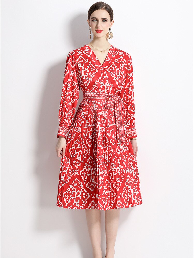 High Quality Vintage Floral Print Cross V Neck Long Sleeve Pleated Midi Dress