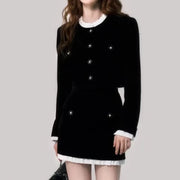 Two Piece Velvet Skirt Set Single-breasted Long Sleeve Short Coat + A-line Mini Skirt High Quality