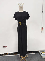 French retro round neck, short sleeve, high waist, straight dress with high-quality spliced metal pins