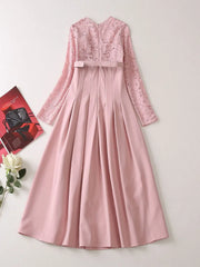 Elegant long sleeve pink lace midi dress with patchwork and high quality belt